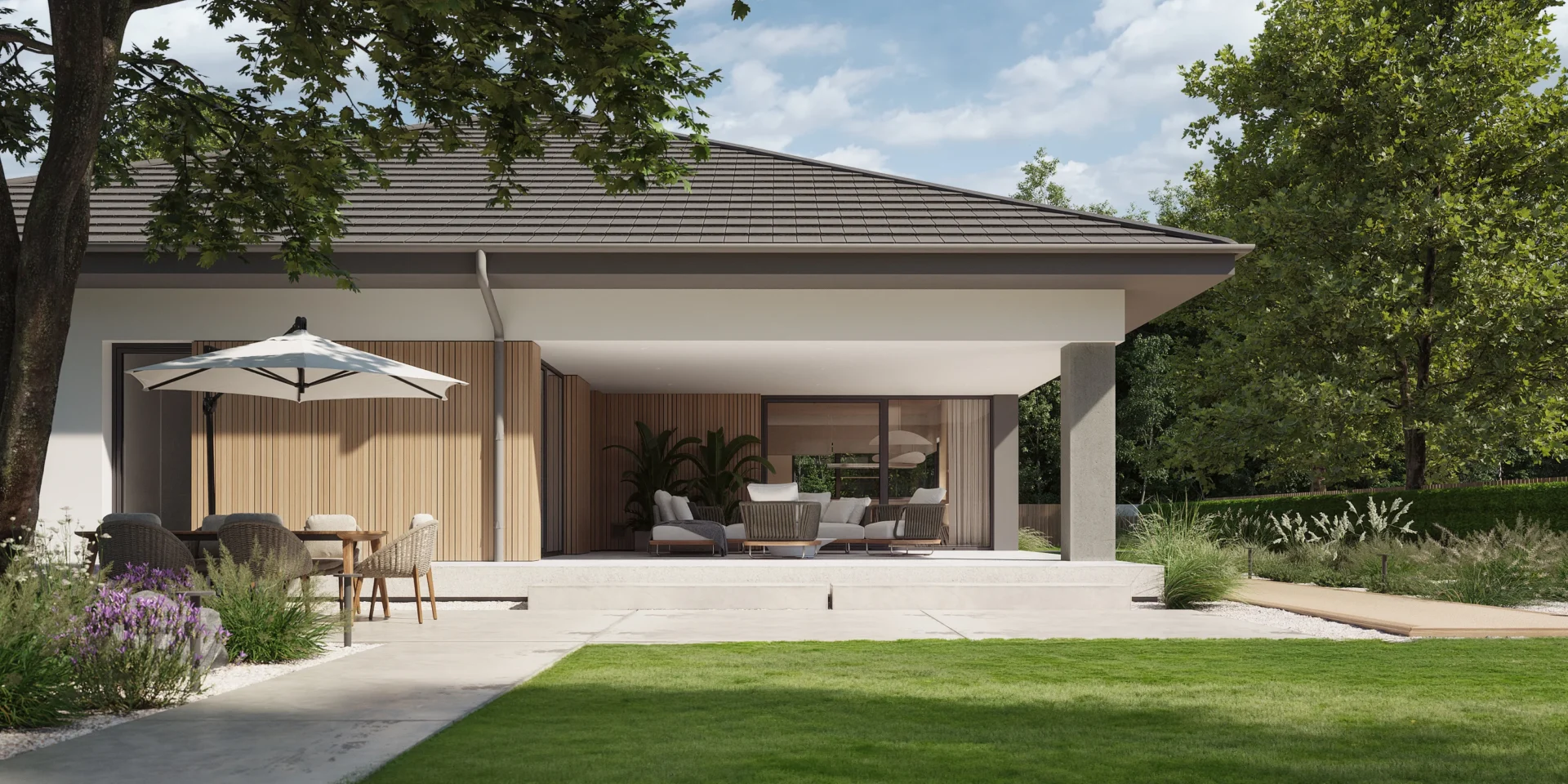 Parterowy dom z dużymi oknami przy tarasie projekt NewHouse 767 w2