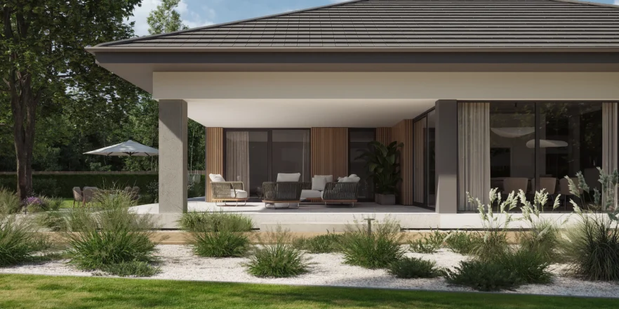 Widok na zadaszony taras ulokowany w narożniku budynku projekt NewHouse 767 w2