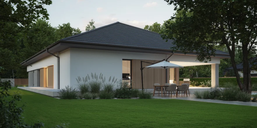 Parterowy dom z zadaszonym tarasem projekt NewHouse 767 w2