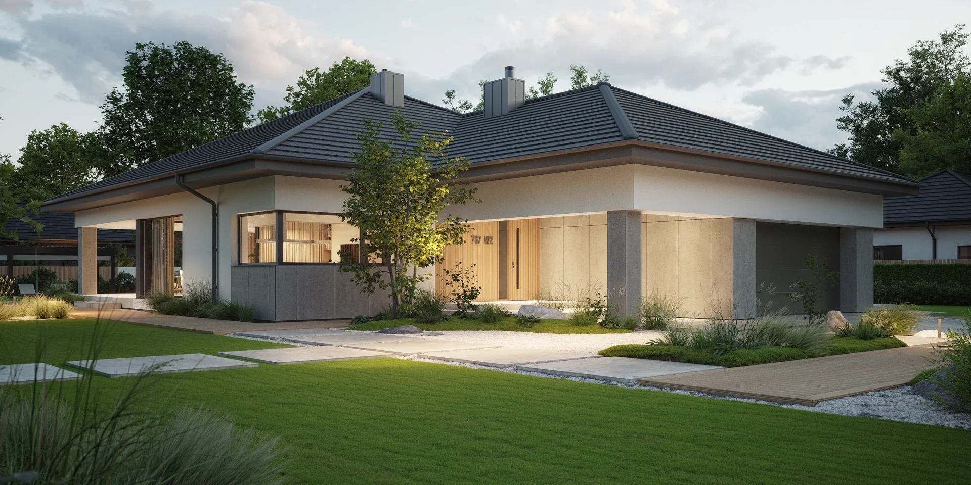 Parterowy dom z zadaszonym wejściem do domu i tarasem projekt NewHouse 767 w2