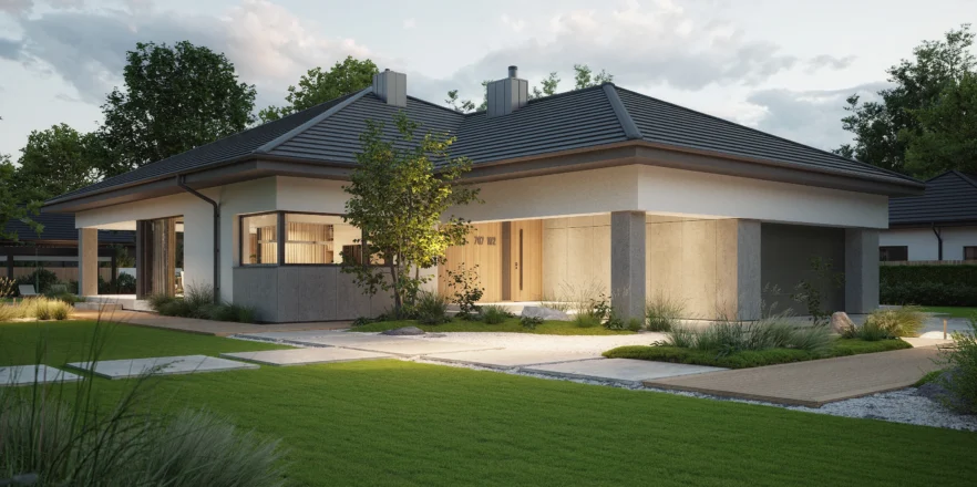 Parterowy dom z zadaszonym wejściem do domu i tarasem projekt NewHouse 767 w2