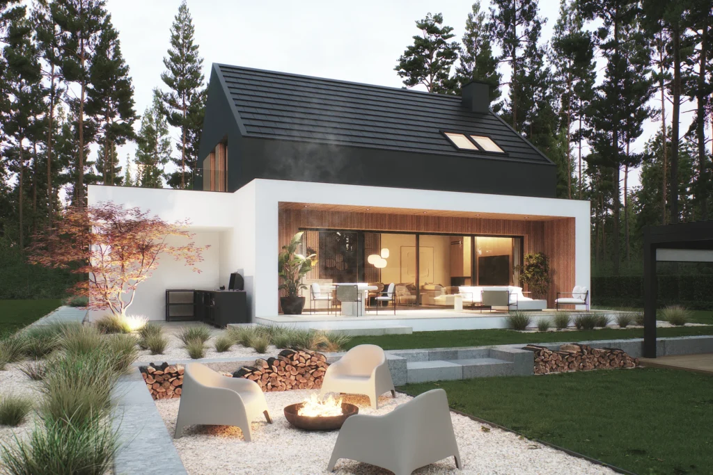 Plan ogólny gminy od 1 września 2026 roku – co zmienia się dla osób planujących budowę domu? 6 12 Elewacja ogrodowa projektu Modern House NewHouse 786 nowoczesny dom z tarasem duzymi przeszkleniami trzema sypialnami na poddaszu i garazem