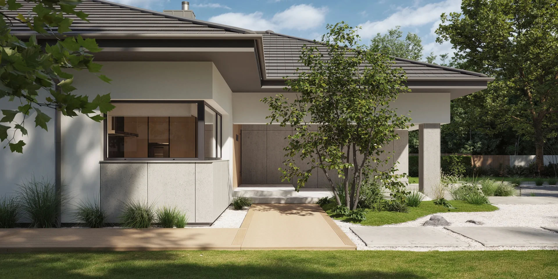 Widok z boku na wejście do domu parterowego zlokalizowane pod zadaszeniem z dachu głównego projekt NewHouse 767 w2