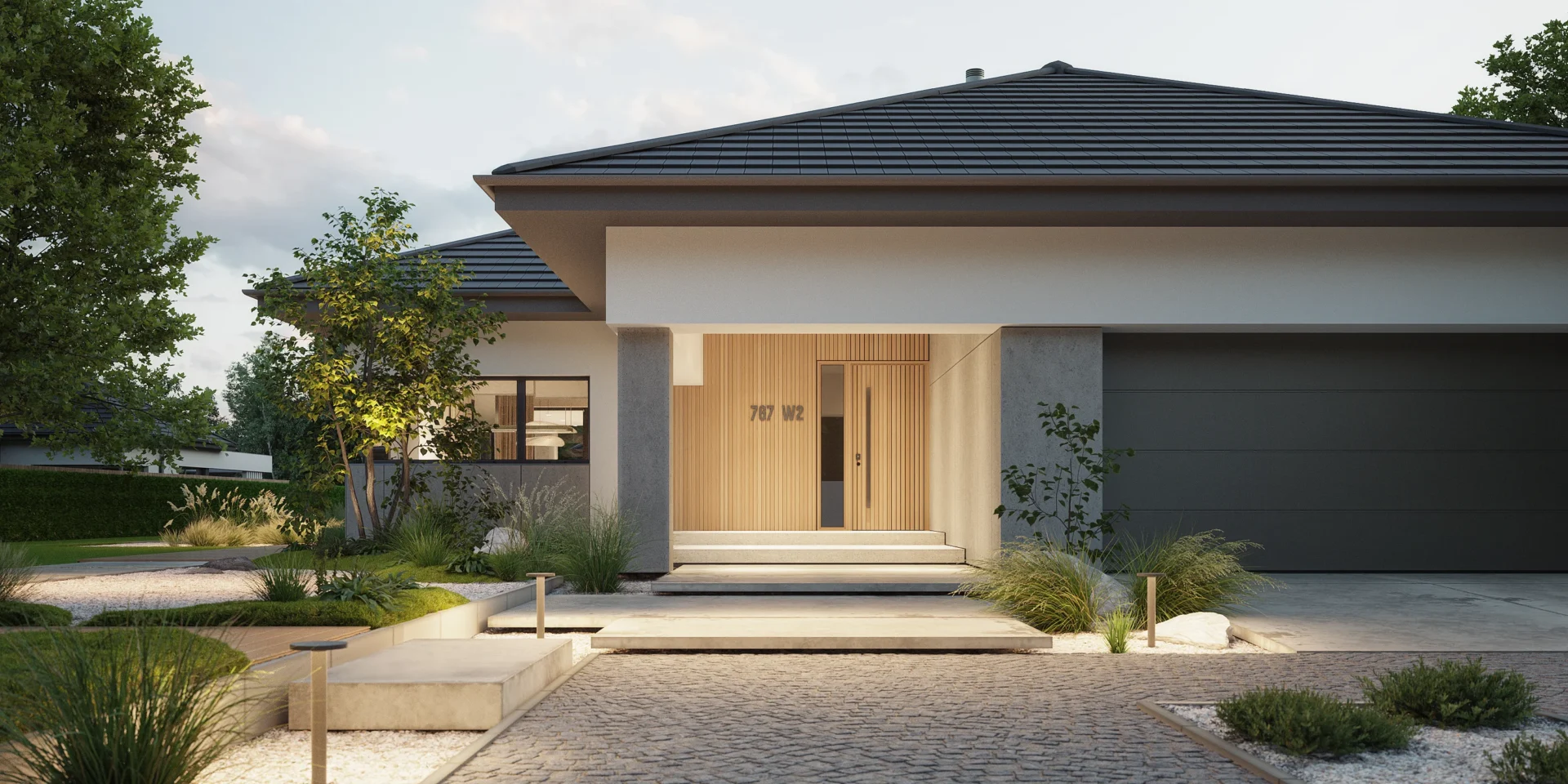 Parterowy dom z szarym dachem, elewacja w tynku, drewnie i szarym spieku projekt NewHouse 767 w2