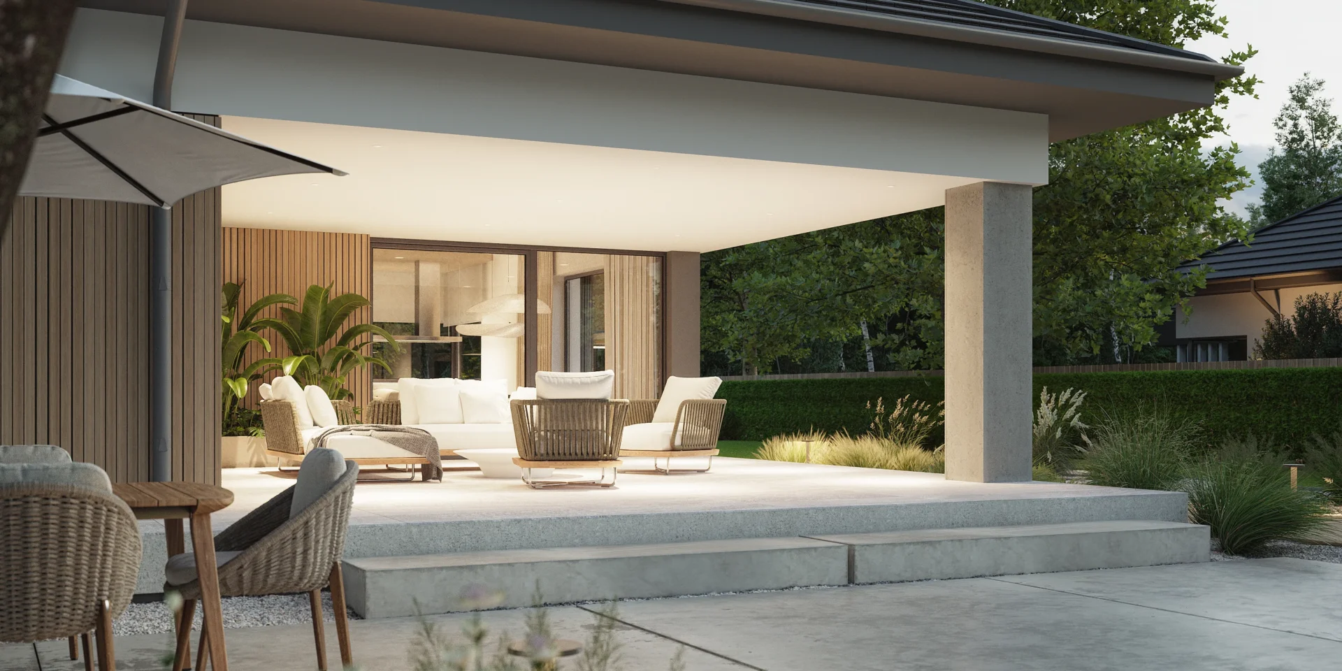 Zadaszony taras w parterowym domu projekt NewHouse 767 w2
