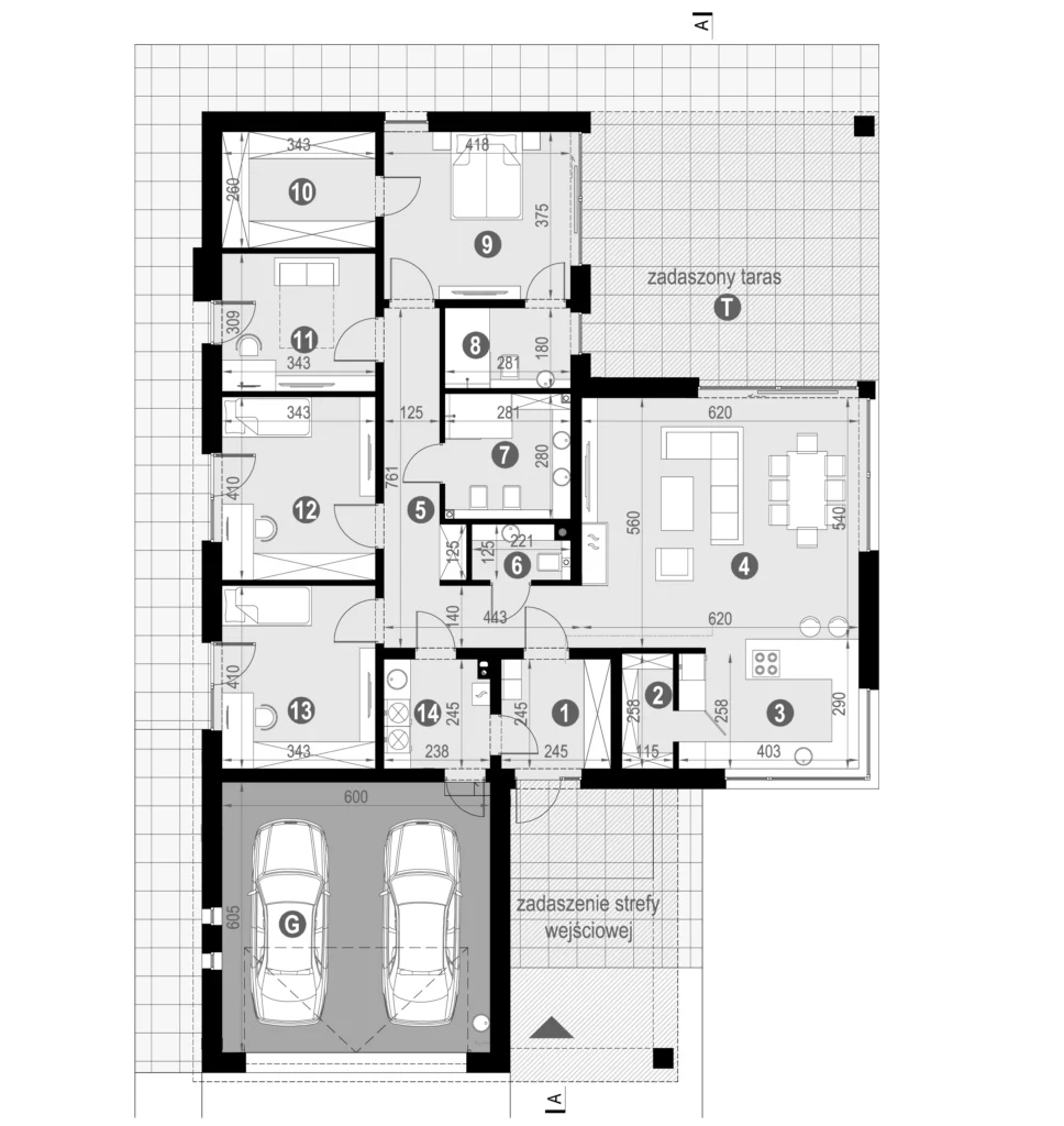 Rzut parteru domu o powierzchni 150 m2 projekt NewHouse 767 w2