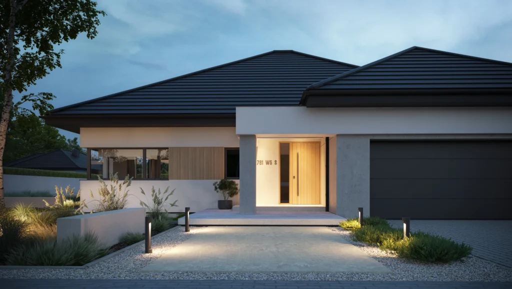 Projekty domów parterowych do 150 m² - 10 propozycji MODERN HOUSE 11 Nowoczesny dom parterowy Modern House NewHouse 761 w5 S z garażem dwustanowiskowym i reprezentacyjnym wejściem