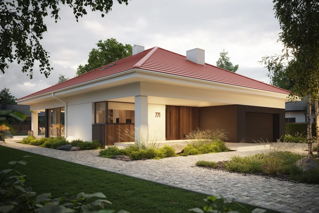 Styropian – co to za materiał, z czego powstaje i jakie ma właściwości? 5 02 Gotowy projekt parterowki z zadaszonym tarasem cztery sypialnie do 135 metrow Modern House NewHouse 771 red